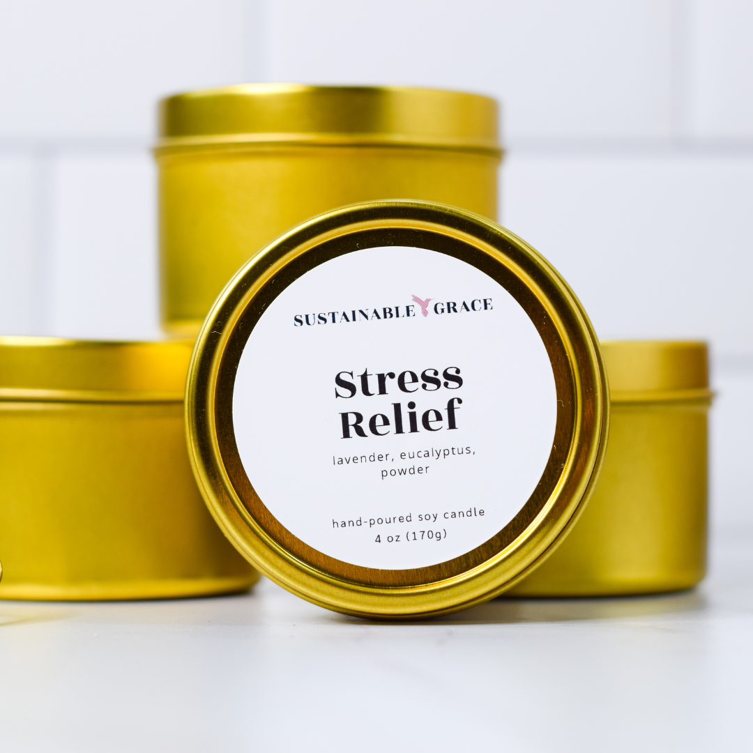 stress relief 4 oz gold tin candle