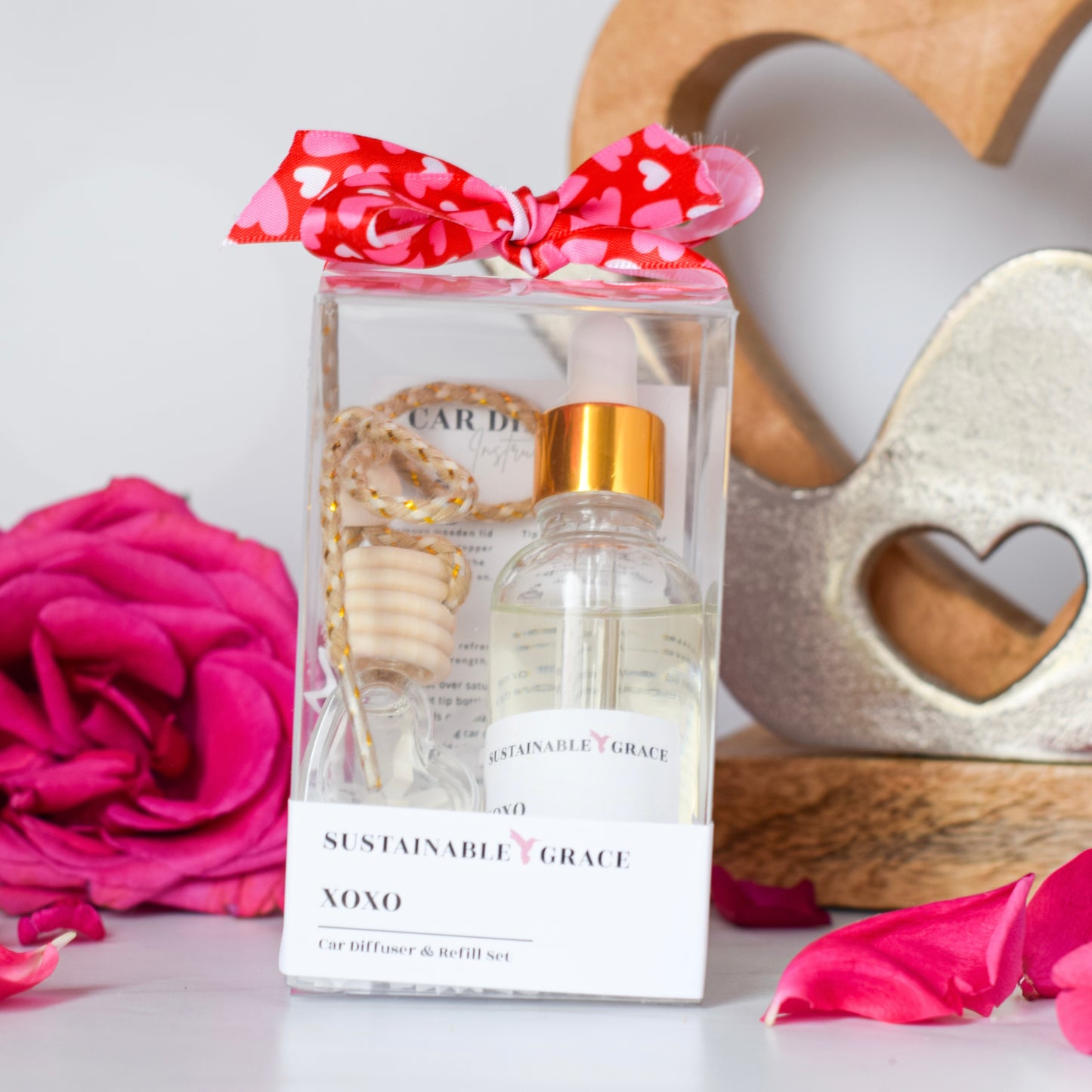 sustainable grace xoxo heart shaped car diffuser and car air freshener refill gift wrapped for valentines day