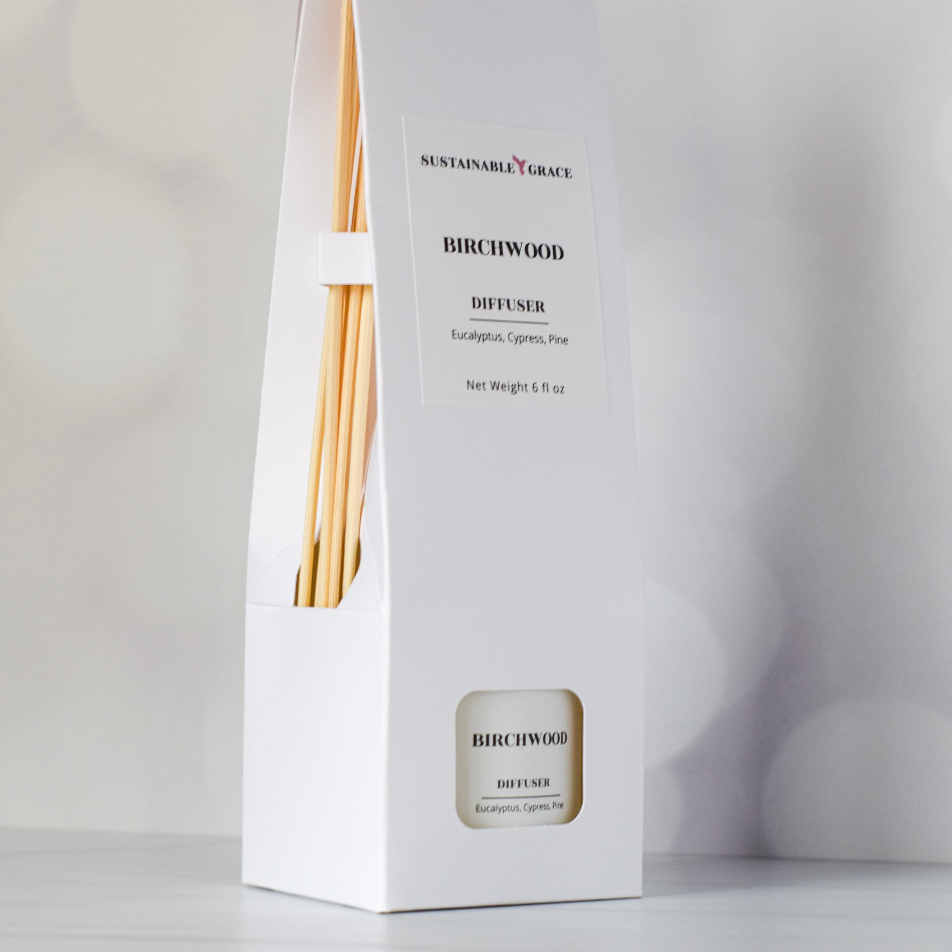 birchwood reed diffuser with white box from sustainable grace