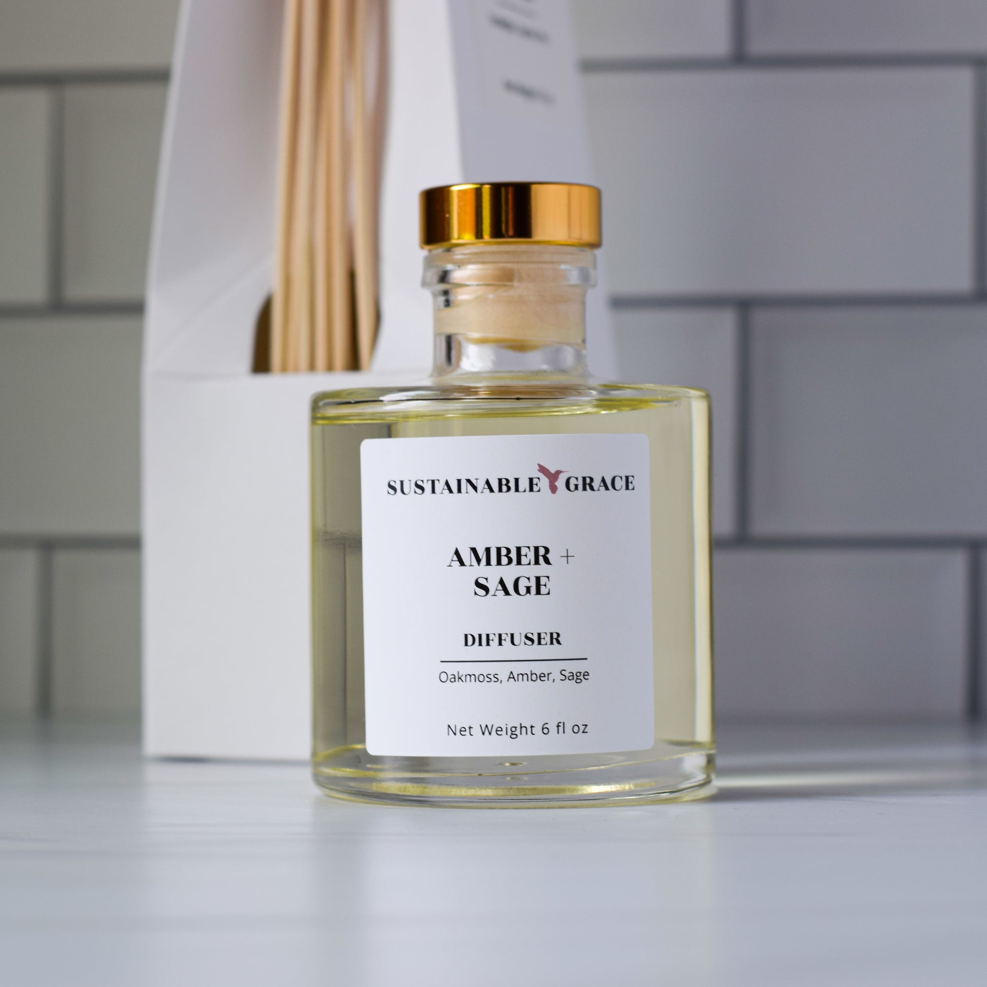 amber + sage rattan reed diffuser