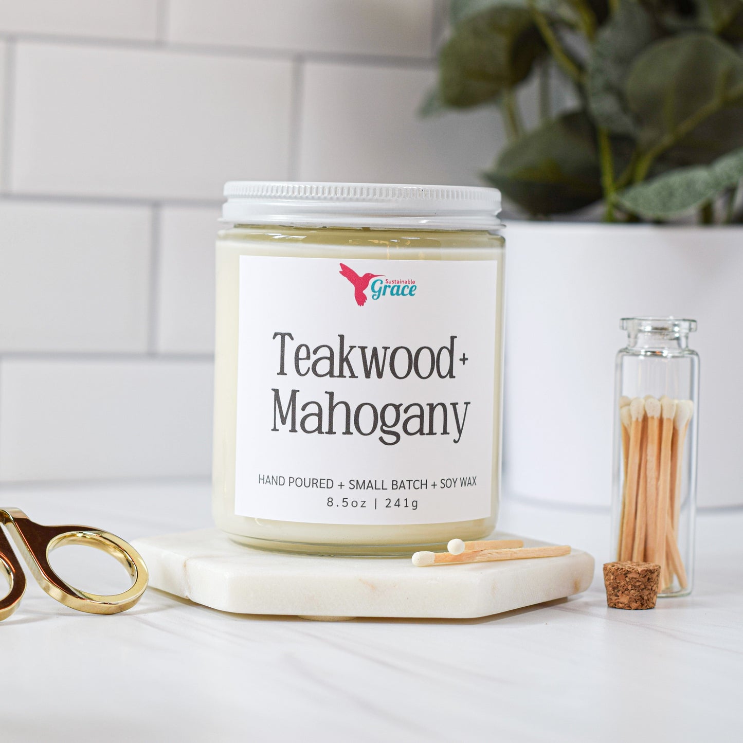teakwood and mahogany scented soy candle