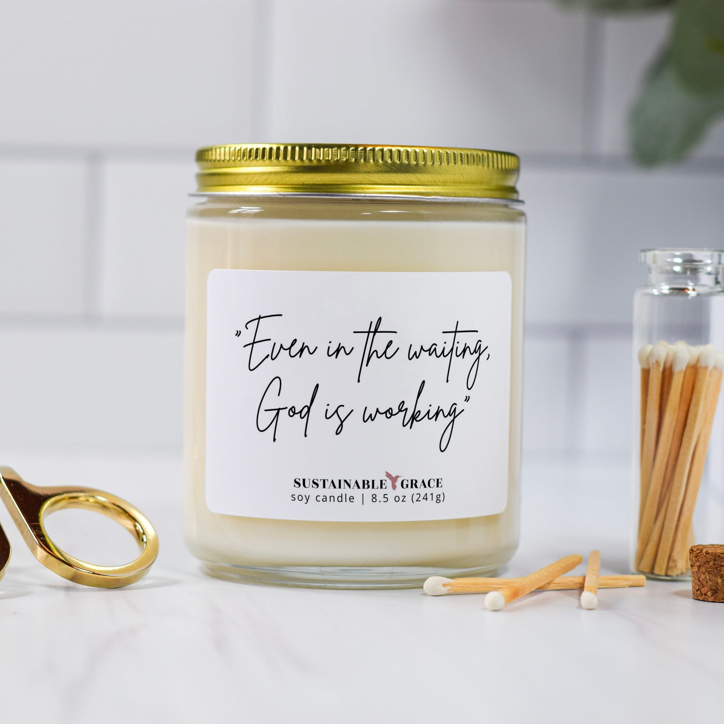 even in the waiting, God is working christian candle gift