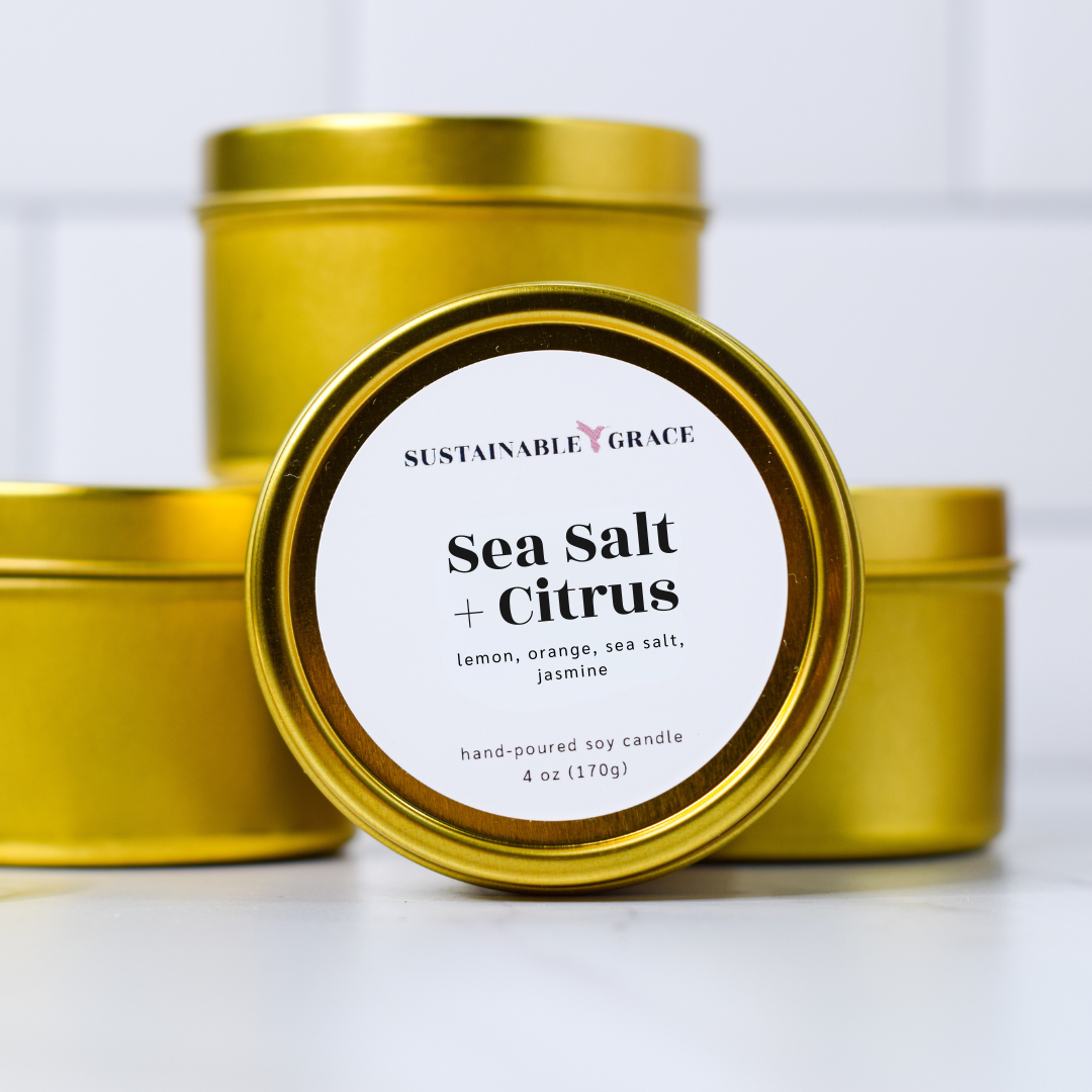 sea salt and citrus 4 oz gold tin candle