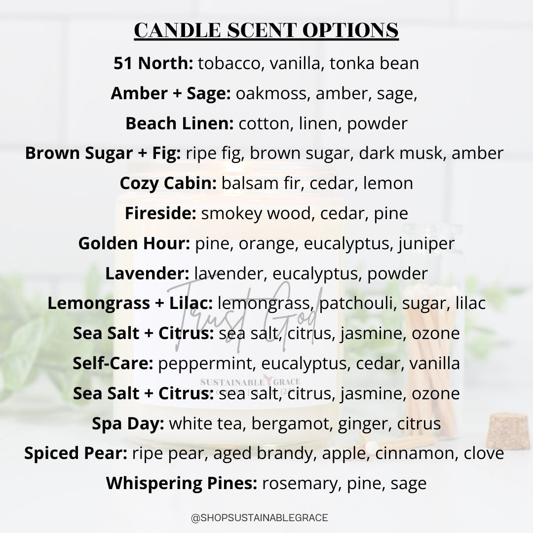 trust God candle scent list from sustainable grace