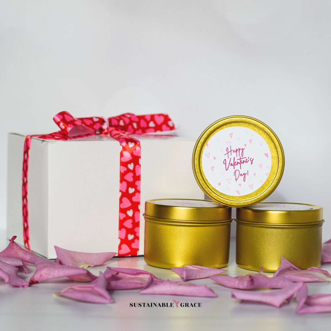 valentines day candle gift set - 3 gold tin candles with gift box and ribbon