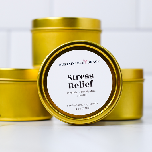 stress relief 4 oz gold tin candle 