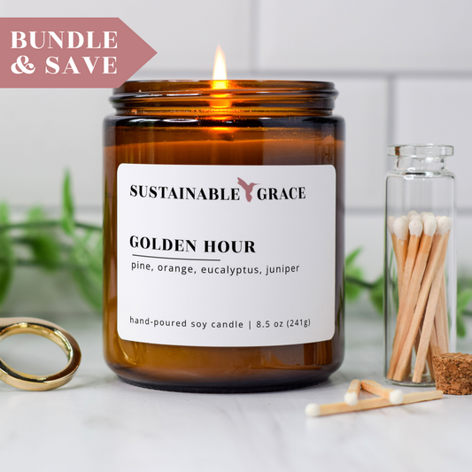 golden hour soy candle in amber glass jar from sustainable grace 