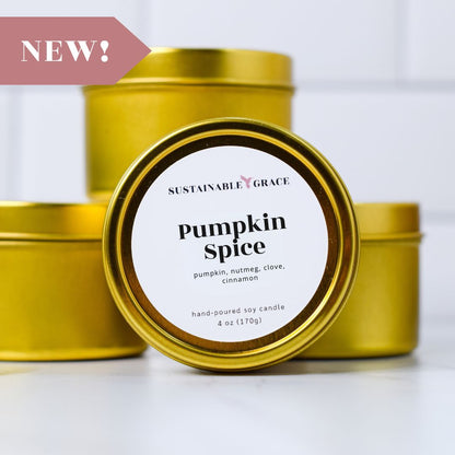 pumpkin spice 4 oz gold tin candle from sustainable grace