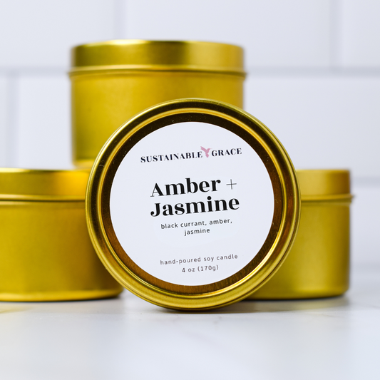 amber jasmine 4 oz gold tin candle 