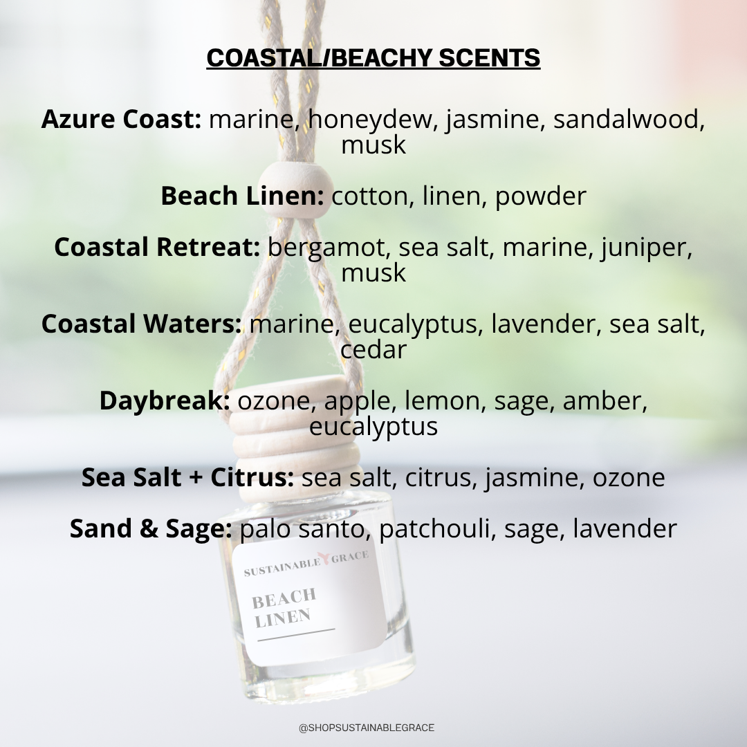 non toxic coastal beach inspired scents available in car air fresheners from sustainable grace