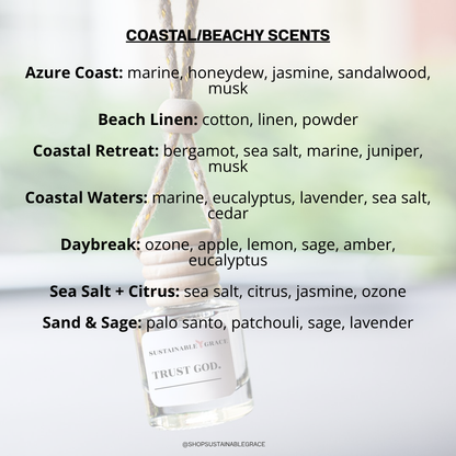 coastal beach inspired scents available in the trust god car air freshener from sustainable grace 
