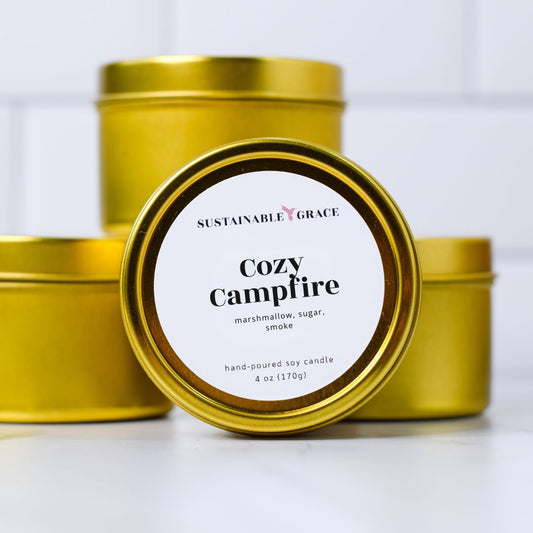 cozy campfire 4 oz gold tin candle 