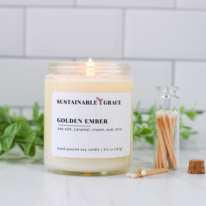 golden ember non-toxic soy candle from sustainable grace, salted caramel scented candles