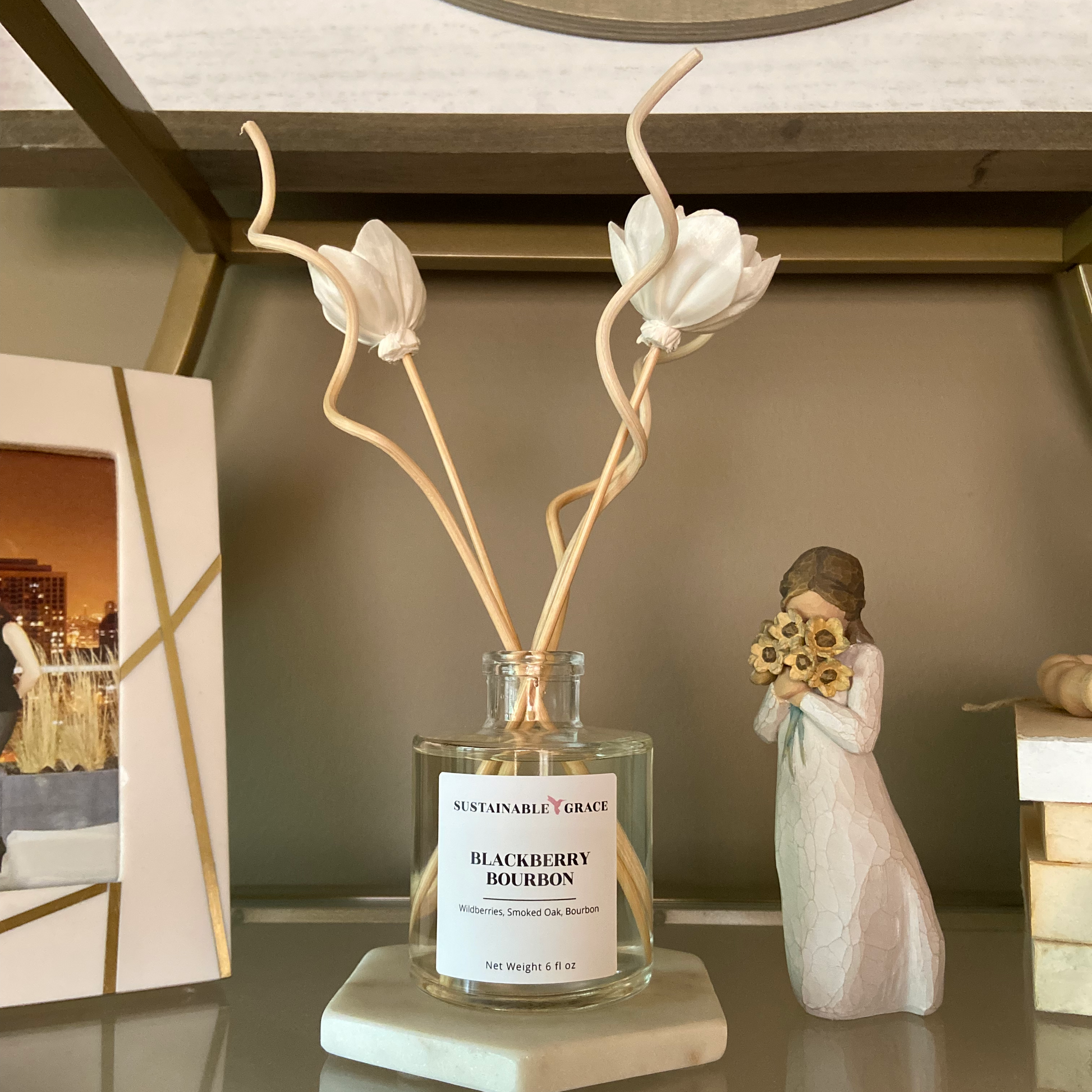 blackberry bourbon non toxic flower reed diffuser from sustainable grace