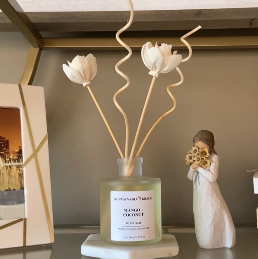 mango + coconut non-toxic flower reed diffuser from sustainable grace 