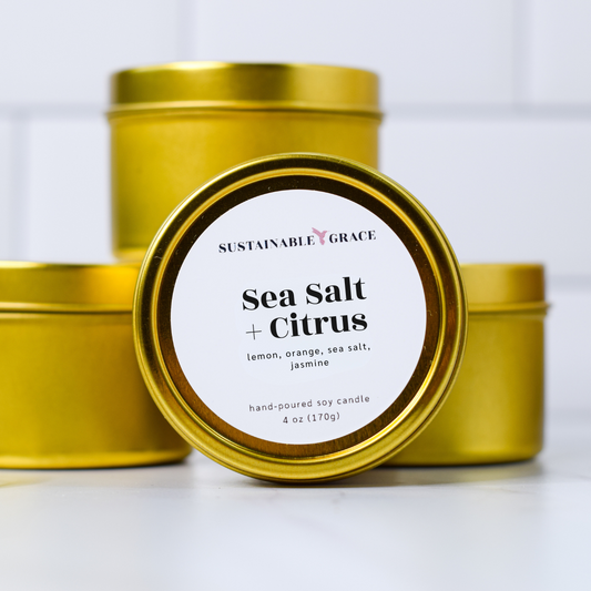 sea salt and citrus 4 oz gold tin candle 