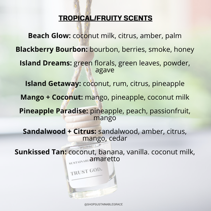 tropical and fruity scents available in the trust god car air freshener from sustainable grace 