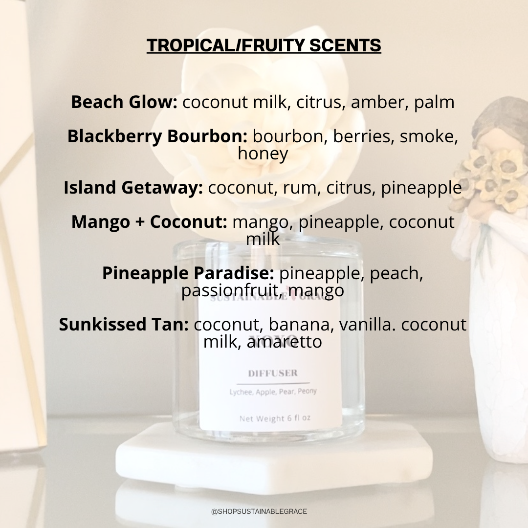 non toxic tropical fruity scents available in the sola flower diffuser from sustainable grace