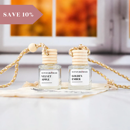 fall car air freshener duo from sustainable grace featuring velvet apple and golden ember 