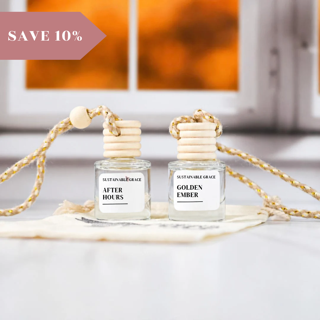 fall car air freshener duo from sustainable grace featuring after hours and golden ember 