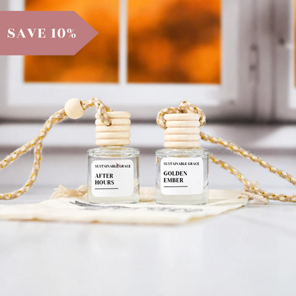 fall car air freshener duo from sustainable grace featuring after hours and golden ember 