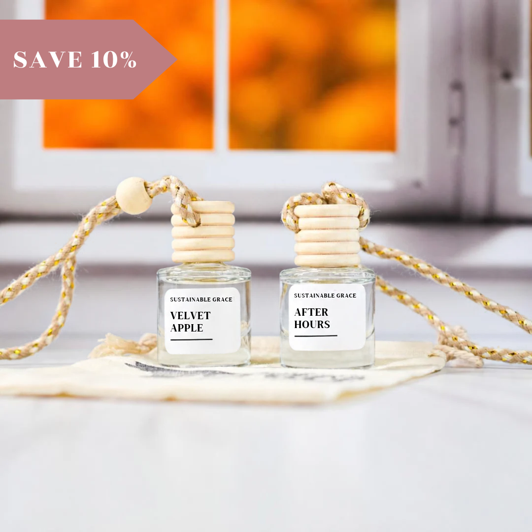 fall car air freshener duo from sustainable grace featuring velvet apple and after hours