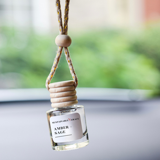 non toxic hanging car diffuser in amber and sage scent