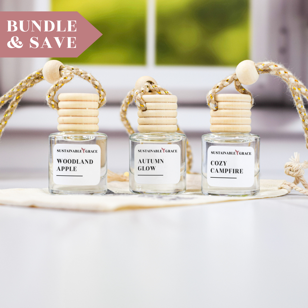 fall car air freshener bundle from sustainable grace featuring 3 fall scents