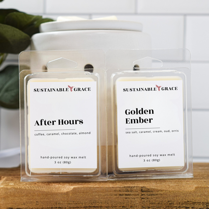 after hours and golden ember scented soy wax melts from sustainable grace