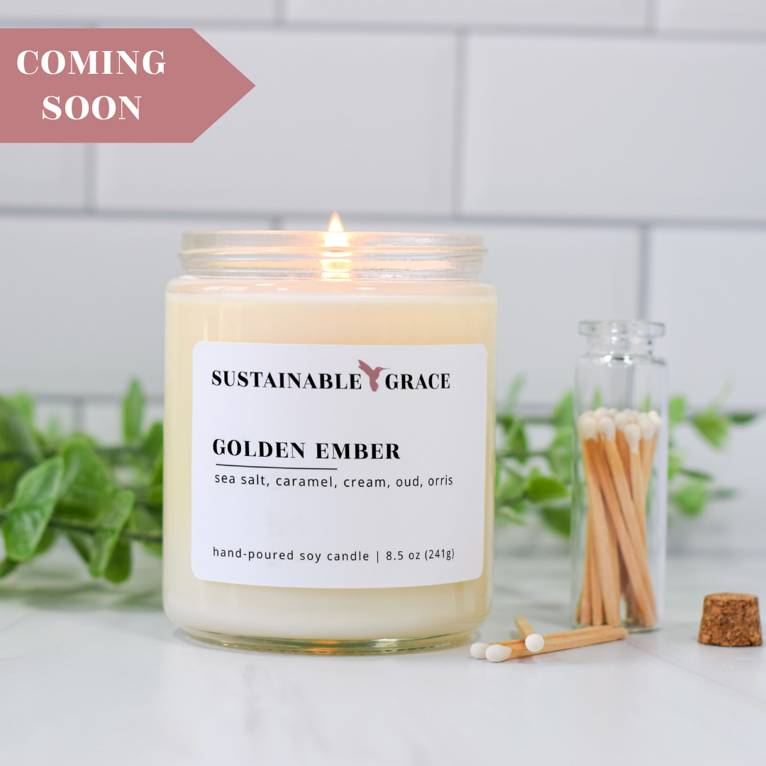 golden ember non-toxic soy candle from sustainable grace, salted caramel scented candles