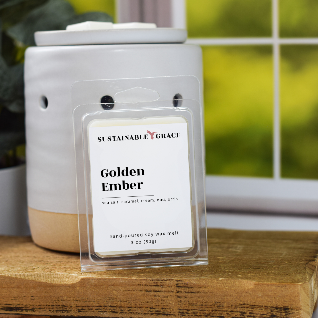 sea salt and caramel scented soy wax melts from sustainable grace 