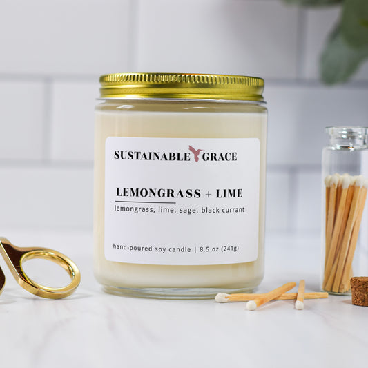 lemongrass + lime soy candle with gold lid from sustainable grace 