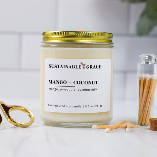 mango + coconut candle with gold lid from sustainable grace 