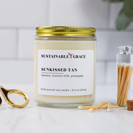 sunkissed tan non-toxic soy candle with gold lid from sustainable grace 