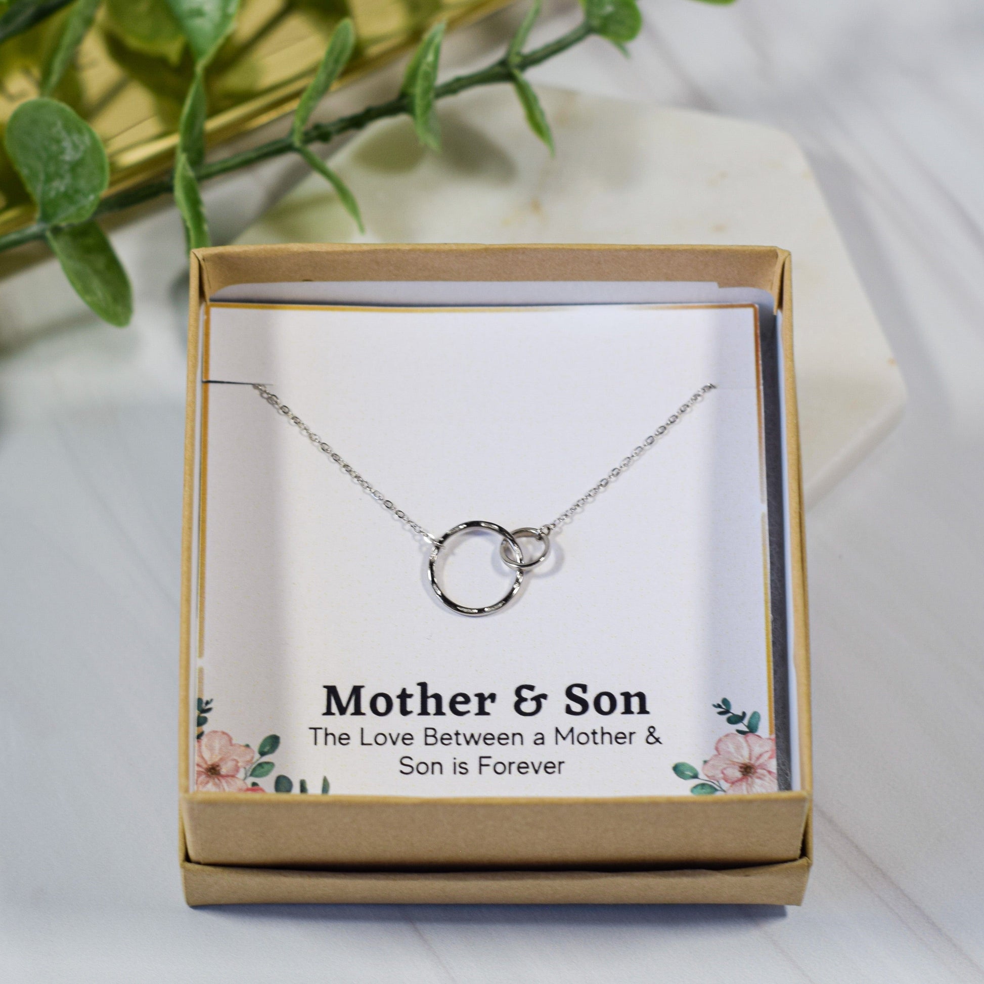 Mother Son Gift Necklace Mothers Day Gift from Son to Mom Interlocking Circles with Card and Box