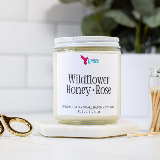 wildflower honey and rose scented soy candle