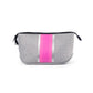 Neoprene makeup bag in gray with pink stripe and zipper top closure 