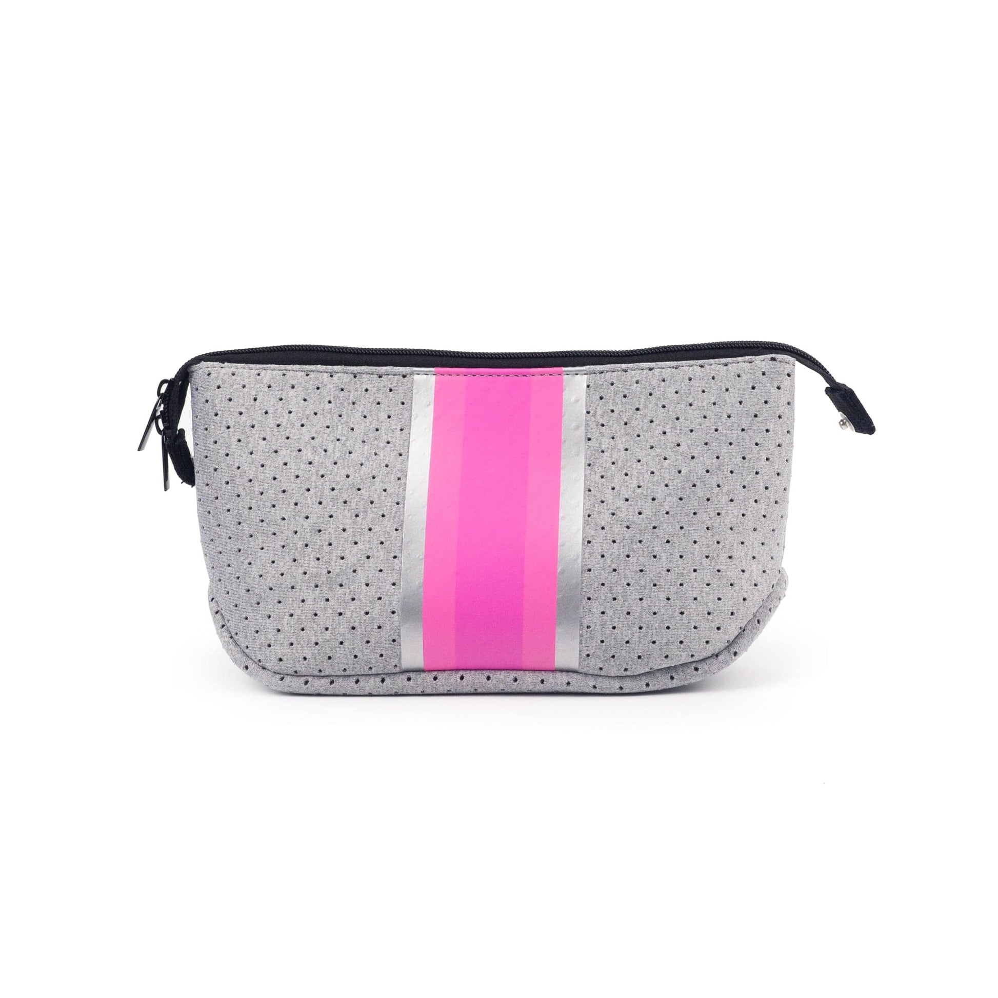 Neoprene makeup bag in gray with pink stripe and zipper top closure 