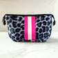 Neoprene makeup bag in white leopard print with pink and white stripe zipper closure