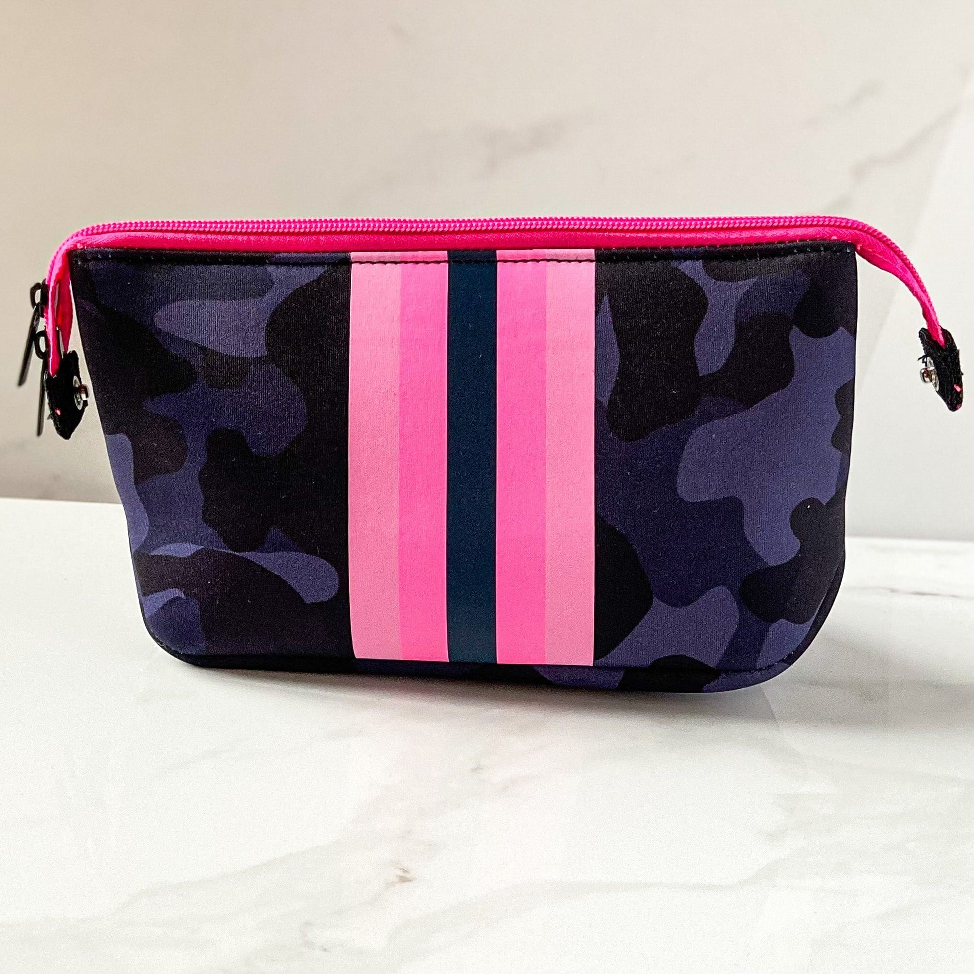 neoprene makeup bag in Black camo with pink stripe and zipper
