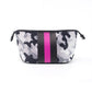white camo neoprene makeup bag with black and pink stripe 