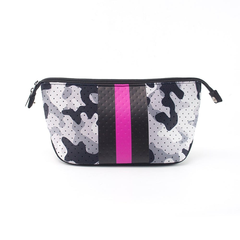 white camo neoprene makeup bag with black and pink stripe 