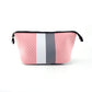 Neoprene makeup bag with zipper closure in pink with gray and white stripe 