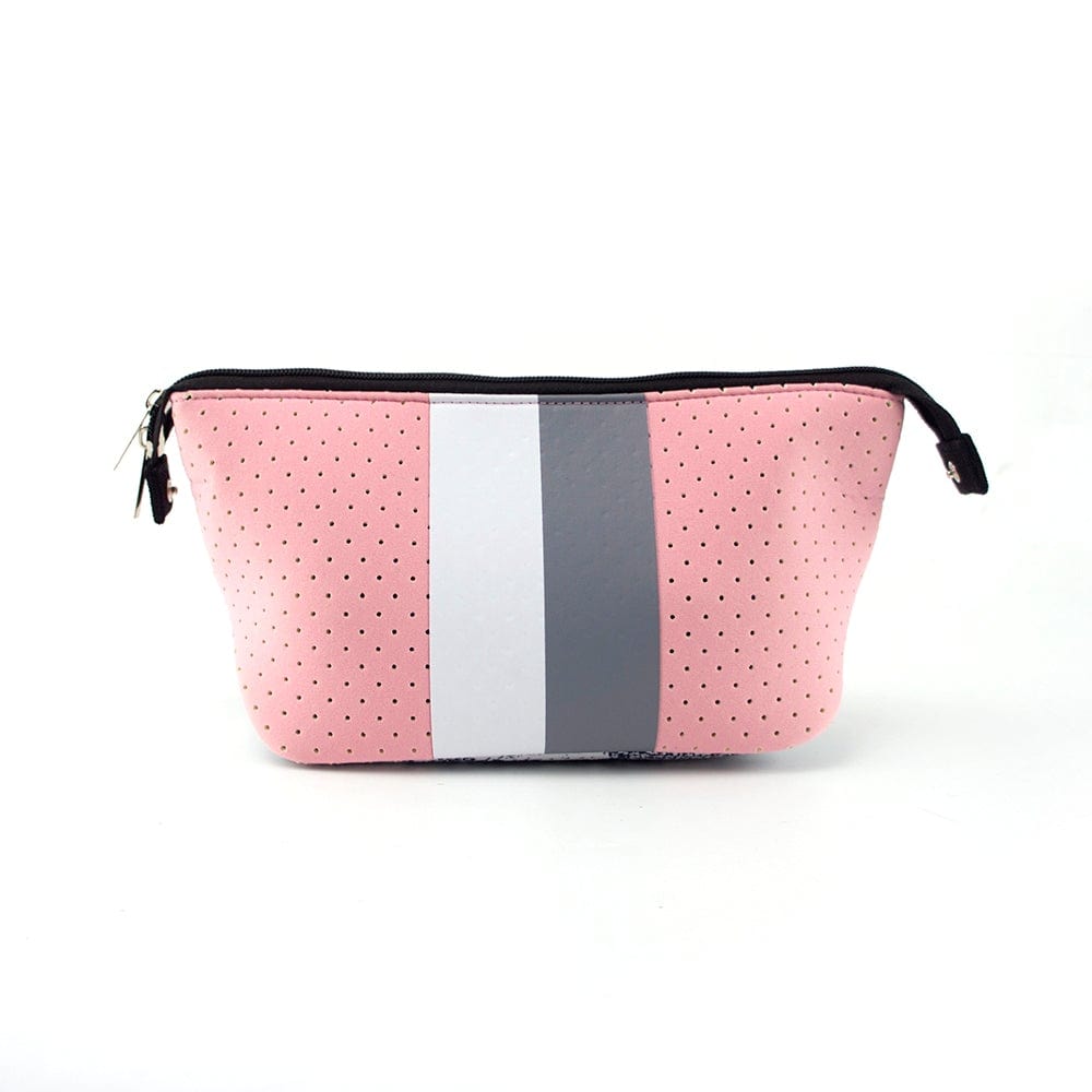 Neoprene makeup bag with zipper closure in pink with gray and white stripe 