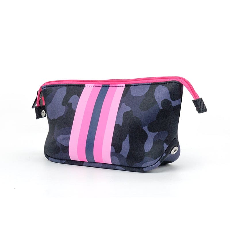 neoprene makeup bag in Black camo with pink  stripe and zipper 